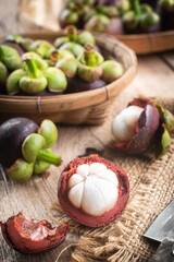 Whole mangosteen and cut into pieces Place in basket on wooden floor