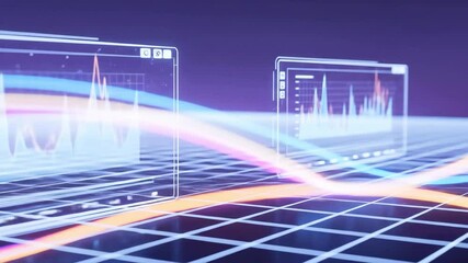 Abstract digital data visualization with graphs and colorful wave lines on a futuristic grid background - Powered by Adobe