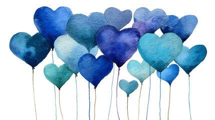 Floating Collection of Watercolor Heart Balloons in Varied Blues, Perfect for Celebrations and Creative Projects.