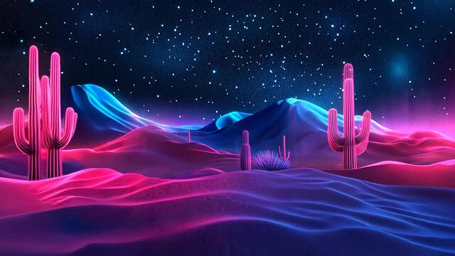 Neon desert landscape at night under a starry sky