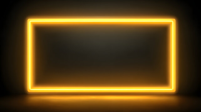 Yellow rectangle neon frame, light sign box, outline border with space for text with 7x5 scale ratio for invitation, web, social post, ad, banner, png isolated on transparent background.