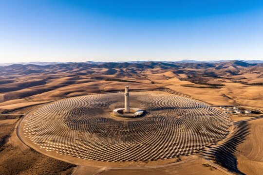 Concentrated solar power tower surrounded by heliostat array in arid landscape driving renewable thermal energy generation and sustainable electricity production.