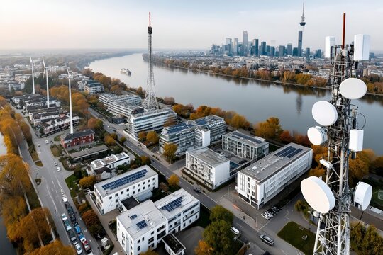 Aerial view of modern telecom tower with 5G antennas near riverfront city skyline, renewable energy wind turbines and urban infrastructure.
