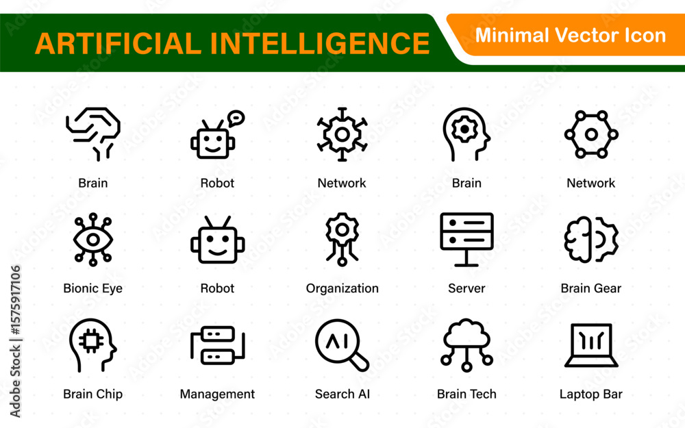Poster artificial intelligence essentials vector icon pack. machine learning, algorithms, smart devices, an