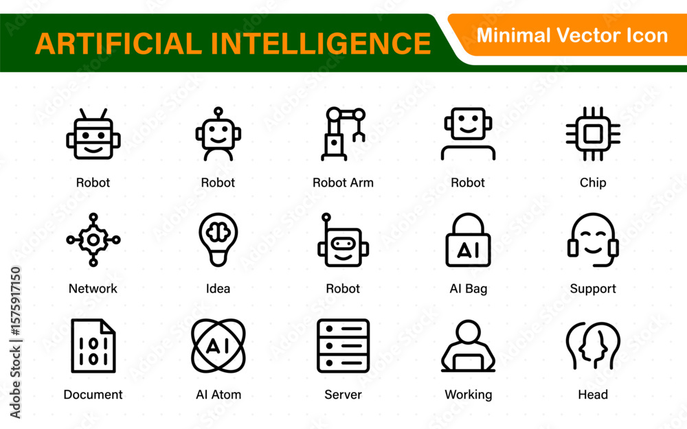 Poster artificial intelligence essentials vector icon pack. machine learning, algorithms, smart devices, an
