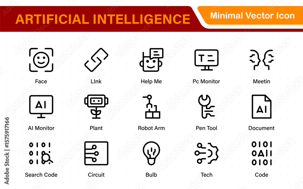 Poster artificial intelligence essentials vector icon pack. machine learning, algorithms, smart devices, an