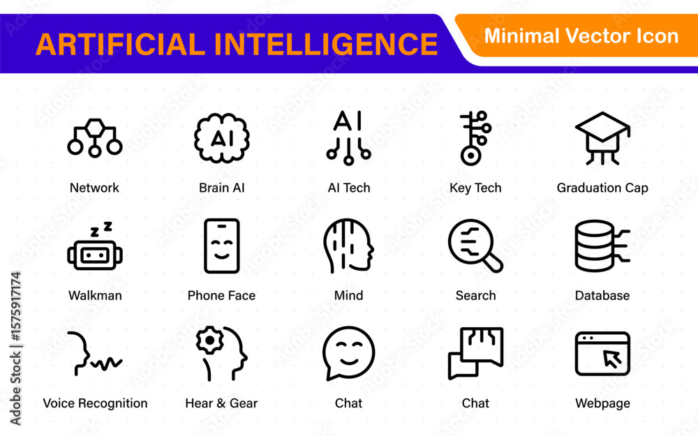 Poster artificial intelligence essentials vector icon pack. machine learning, algorithms, smart devices, an