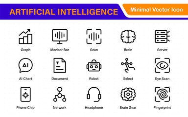 Artificial Intelligence Essentials Vector Icon Pack. Machine Learning, Algorithms, Smart Devices, and Future Tech Symbols in Outline Design.