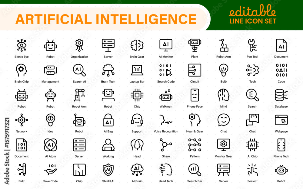 Fototapete Artificial Intelligence Essentials Vector Icon Pack. Machine Learning, Algorithms, Smart Devices, and Future Tech Symbols in Outline Design.