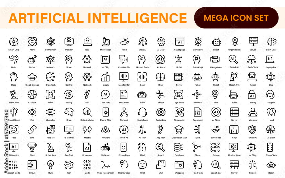 Poster artificial intelligence essentials vector icon pack. machine learning, algorithms, smart devices, an