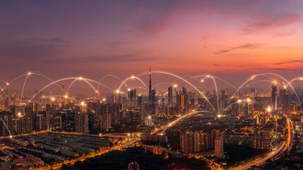 Obraz premium Futuristic smart city skyline with glowing digital connections, illustrating global communication network, data flow, cloud technology, internet of things and intelligent urban infrastructure at night