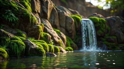 Peaceful waterfall flowing over mossy rocks in lush green forest
