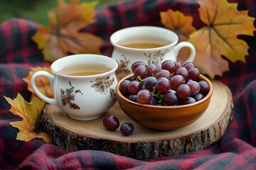 Fototapeta premium Autumn Picnic, Cozy Tea Cups, Red Grapes, Fall Leaves