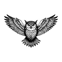 Obraz premium Horned owl flying spread wing sketch engraving black and white outline. Scratch board imitation.