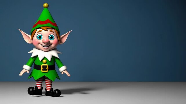 3D animated Christmas elf joyfully dances on a simple blue-gray background. The character wears a classic green outfit with striped leggings and oversized ears, spreading holiday cheer without any tex
