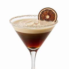 "Realistic Illustration of a Coffee Cocktail in a Martini Glass with Chocolate Orange Garnish"