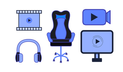 Blue graphics for live streams- gaming. Headset, gaming chair and icons 