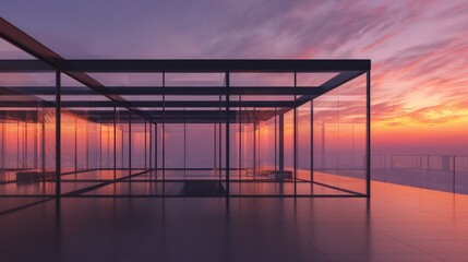 Modern architectural building with metal wall panels and transparent ceiling structure, showing open sky above. 3D rendered design concept for office, residential space, or commercial facade