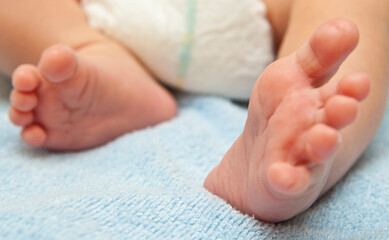 newborn baby feet on blue blanket close up