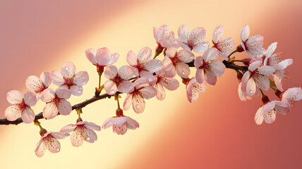 Delicate pink cherry blossoms with water droplets on a branch against a soft gradient background