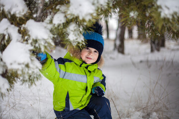 portrait of a little boy in a hat and jacket in winter under a snow-covered tree