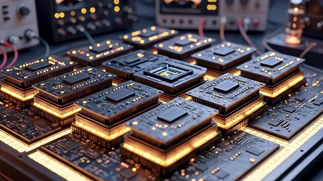 Close-up view of intricate computer processors illuminated on a dark workbench with testing equipment
