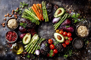 Stunning circular display of asparagus, carrots, avocados, and tomatoes with nuts and seeds. Dark rustic surface enhances the rich colors. Ideal for culinary art or healthy eating guides.