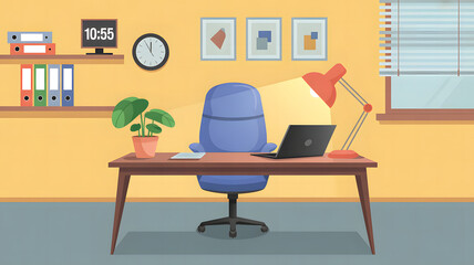 Modern office desk with laptop plant chair and desk lamp in a bright room