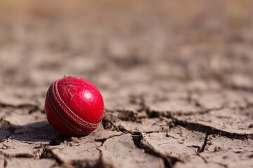 Red leather cricket ball resting on cracked dry pitch, symbolizing competitive cricket training, sports equipment, game preparation, professional turf practice.