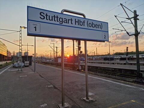 Stuttgart main station sign at sunrise