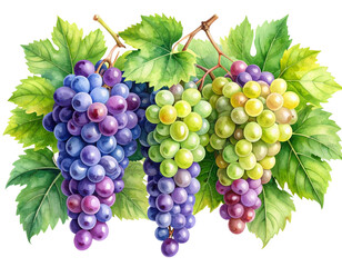Fototapeta premium Watercolor Illustration of Mixed Grape Bunch with Leaves – Transparent PNG