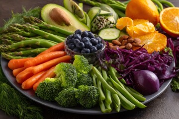 Colorful healthy platter with broccoli, avocado, carrots, oranges, blueberries, and green beans. Dark background highlights vibrant hues. Ideal for nutrition blogs or recipes.