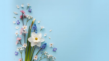 Soft spring flowers arrangement with narcissus and muscari on light blue background