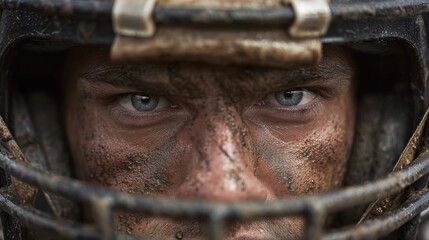 Determined Gridiron Gaze: A close-up shot of a determined football player, his face smeared with dirt and sweat, gazing intensely with steely eyes through his helmet's bars.