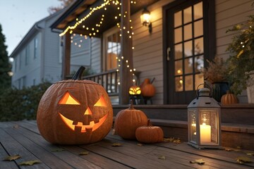 Obraz premium Glowing jack o lantern and pumpkins on a wooden porch with festive string lights at dusk