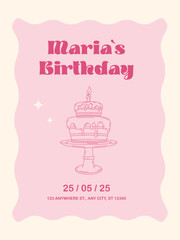 Vintage pink birthday invitation with wavy frame, cake, and bold font. Fun and festive flat design for parties, kids’ events, or printable greeting cards.
