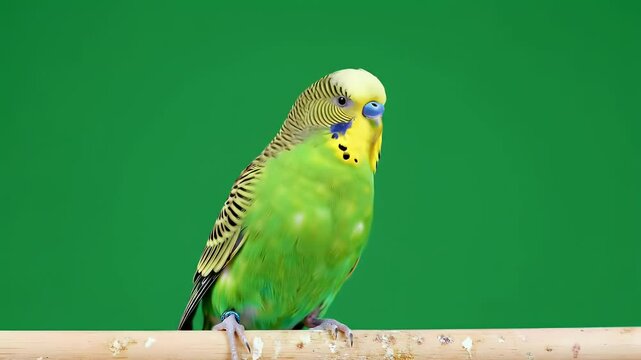 Vibrant Green and Yellow Budgerigar Perched on a Wooden Branch Against a Solid Green Background. Close-Up Studio Shot of a Healthy Pet Budgie.
