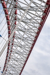 steel beams is bolted down. Close-up shows the connection of the metal powerful straight crossbar,...