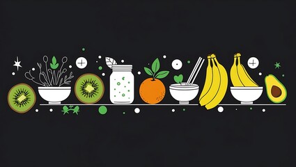 Healthy fruit smoothie ingredients and fresh produce arranged on a dark background