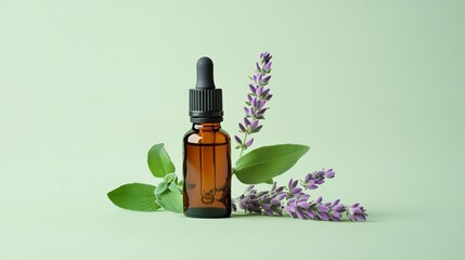 Clary sage blooms over pale green setting with sage essential oil in tiny bottle depict opulence nature gain items and medical lovely hue, Generative AI.