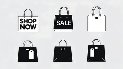 Collection of black and white shopping bags with sale and shop now text