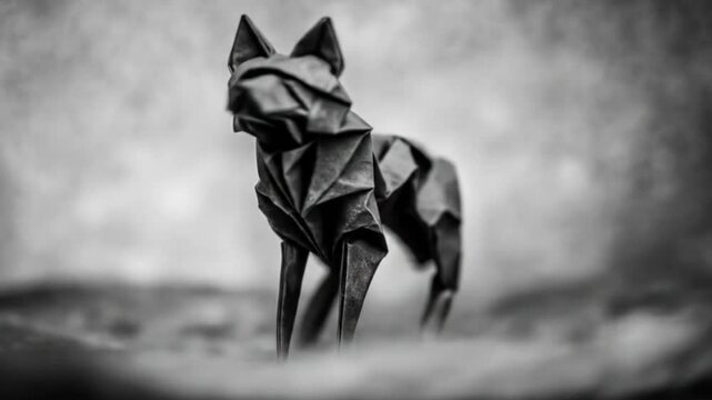 Origami wolf stands amidst smoky clouds