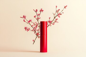 A notion of bloom-infused care and beauty aid is depicted by erect red lip balm with array of pink blooms over pale beige setting, Generative AI.