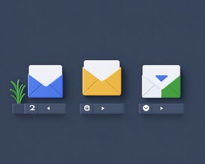 Three stylized email envelope icons with different color variations