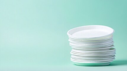Disposable plates arrayed over pale green setting depicting various purposes and advanced society free of plastic lovely hue, Generative AI.