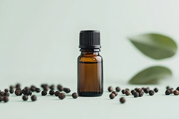 Black peppers over pale green setting with pepper essential oil in tiny bottle depict opulence nature gain items and medical lovely hue, Generative AI.