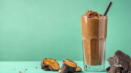 Chaga mushroom bits and tall glass of chaga smoothie over pale green setting depict vegan superfood and filling treat lovely hue, Generative AI.