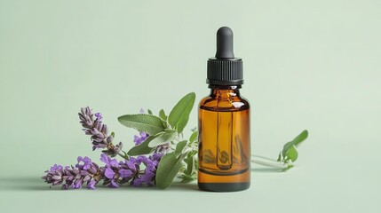 Clary sage blooms over pale green setting with sage essential oil in tiny bottle depict opulence nature gain items and medical lovely hue, Generative AI.
