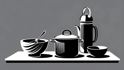Stylized black and white illustration of kitchenware including a pot thermos and bowls