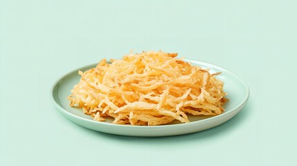 A plate of crisp shredded hash browns with frank potato strands over pale green setting depict fit and savory meal delish food, Generative AI.